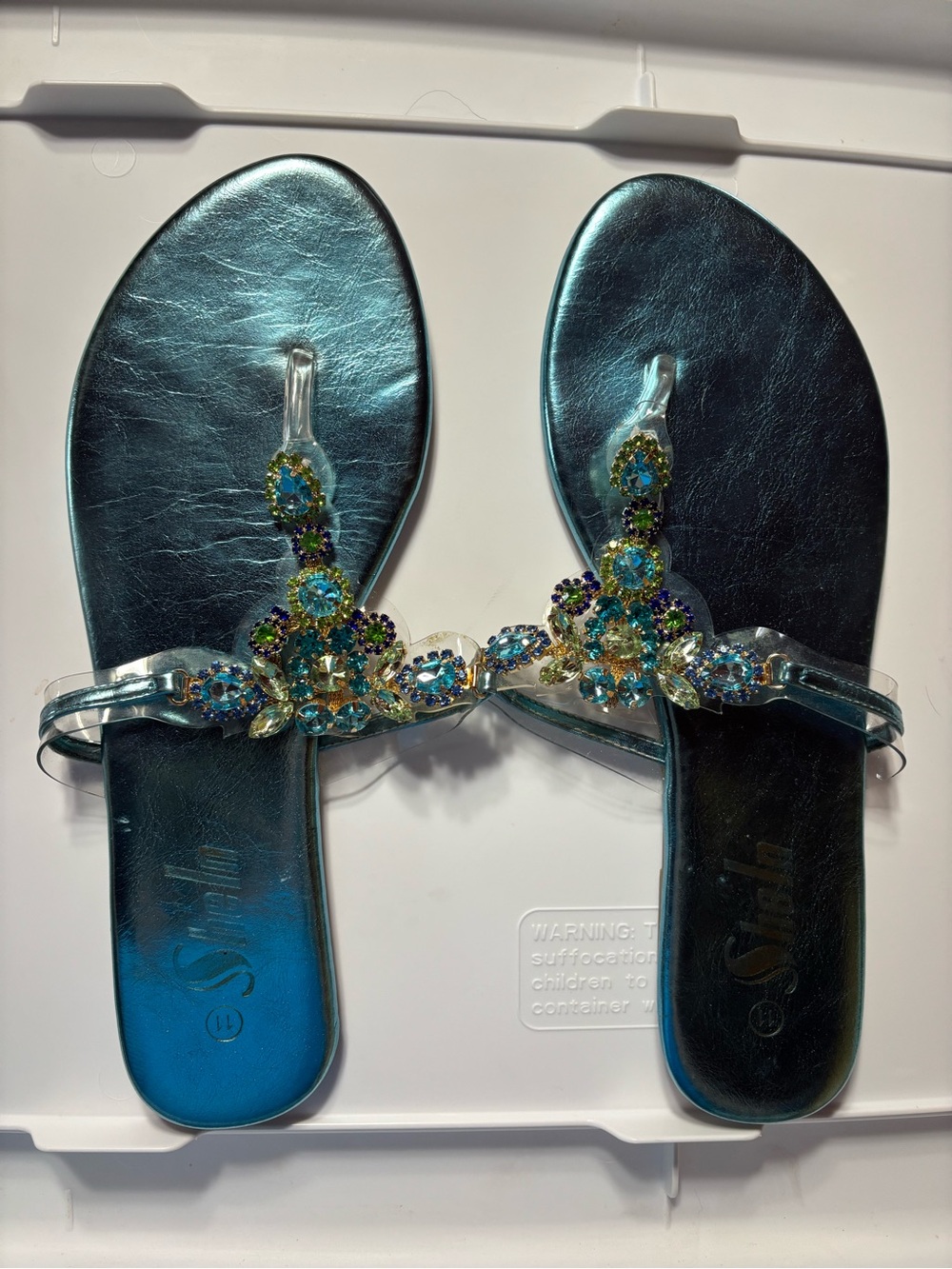 Women's Teal Jeweled Thong Sandals - Sparkle Accent